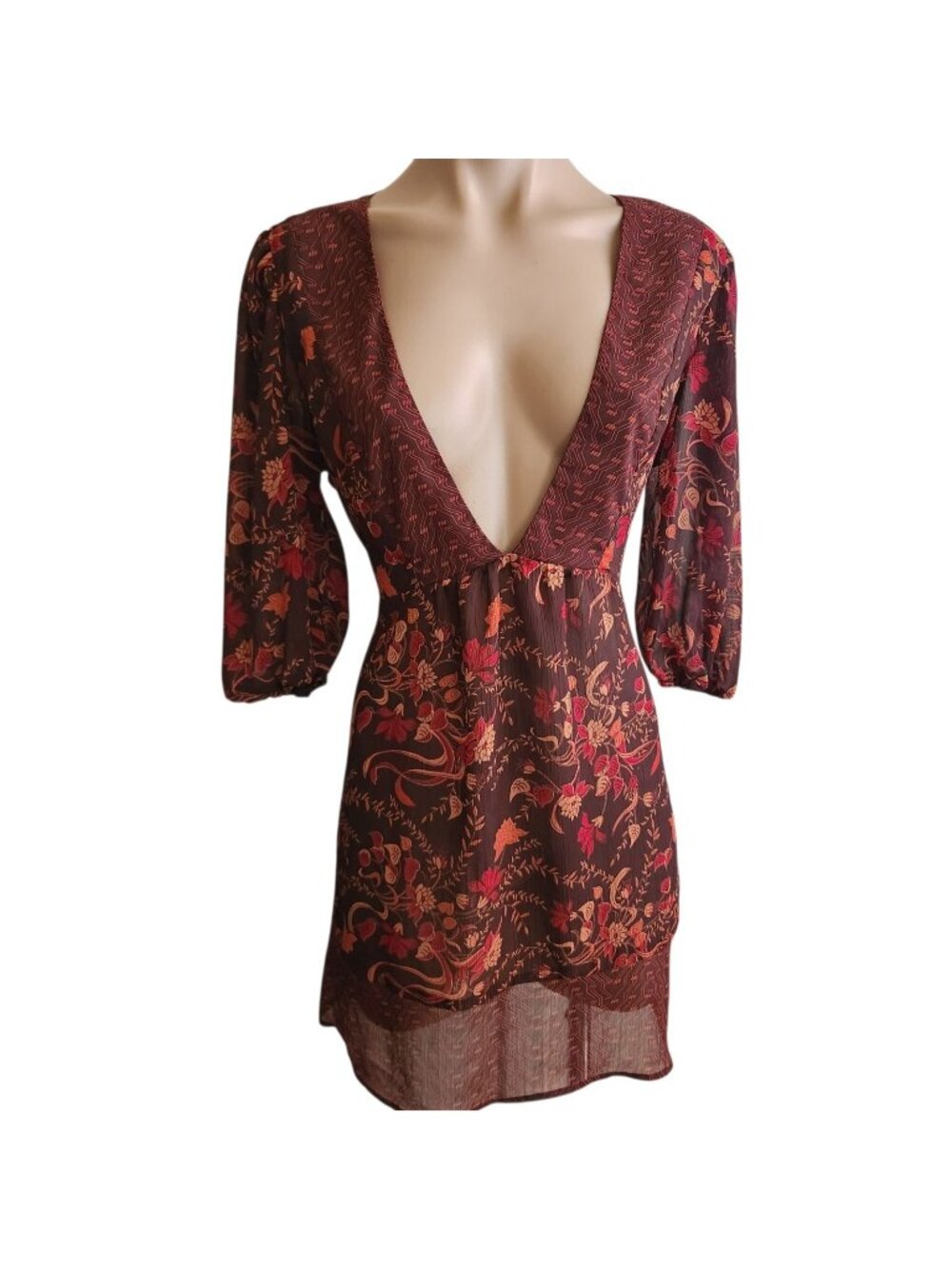 Bohemian Autumn Fall Sheer Floral Feminine Tunic Deep V Sheer Blouse Size Small